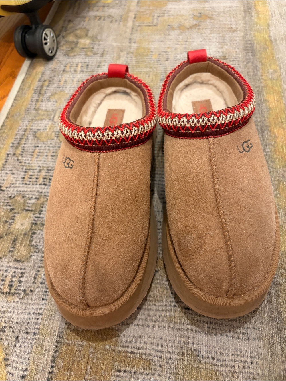 UGG Chestnut Suede Slippers with Red Trim
